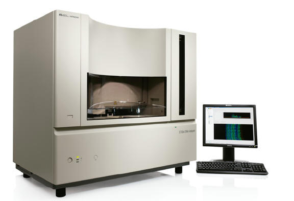 Applied Biosystems 3730 DNA analyzer Image of a grey 48-capillary 3730 DNA analyzer next to a computer performing analysis