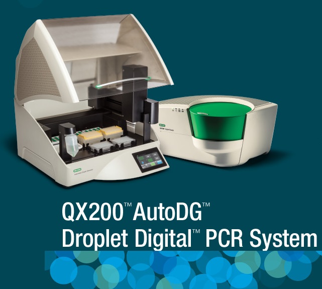 BioRad QX200 droplet digital PCR system Image of a white and green QX200 AutoDG Droplet Digital PCR System