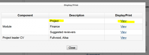 Example of CAMS Display/Print popup, highlighting Project and View.