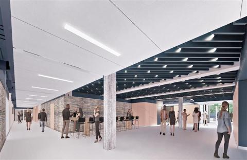 A design of the new ARC building with hallways and people walking around and gathering together.