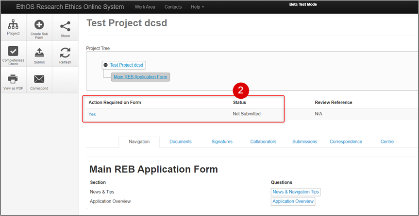 This highlights the second step in Work Area Projects list. It reads: Action required on Form and Status. It then indicates if there is any action left and the current status of the project tree. In the example the status is not submitted.