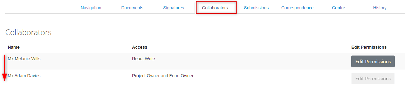 Screen shot of the Collaborators tab in EthOS with the names listed and the Edit Permissions button visible.