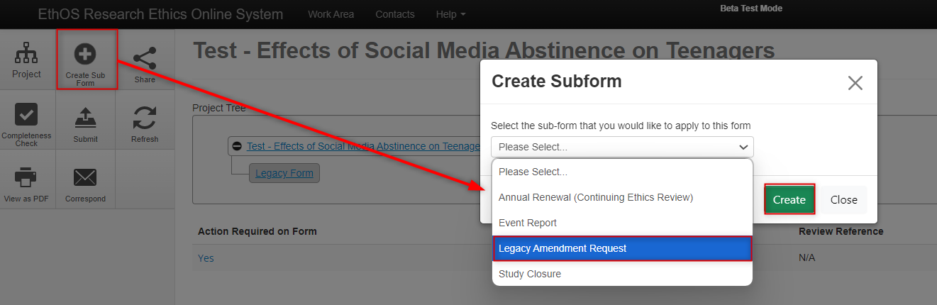 Screen shot of the Create Sub Form button leading to the window where you select Legacy Amendment Request and click Create.