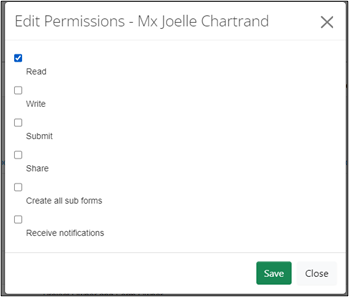 On the Collaborators tab, the edit Permissions button is clicked. You may edit what permissions a collaborator may have. In this example, Read is selected for Mx Joelle Chartrand