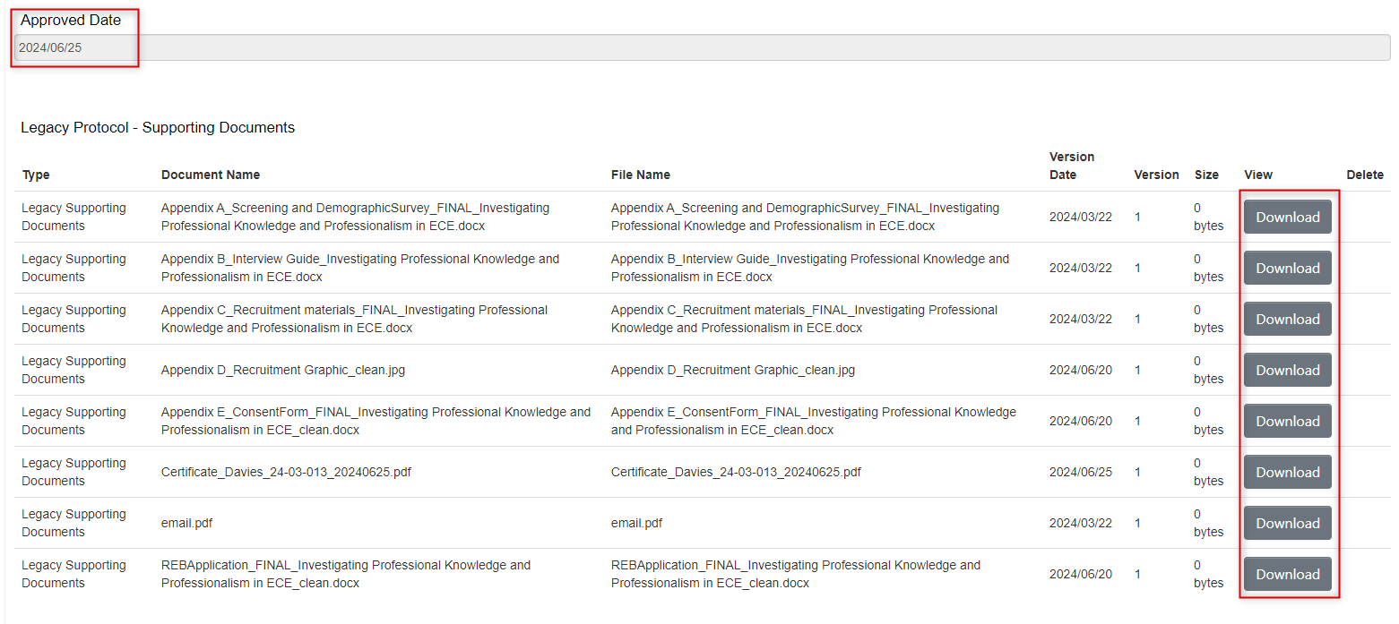 Screen shot of the bottom of an EthOS Legacy Form listing attached study documents with the Download button highlighted.