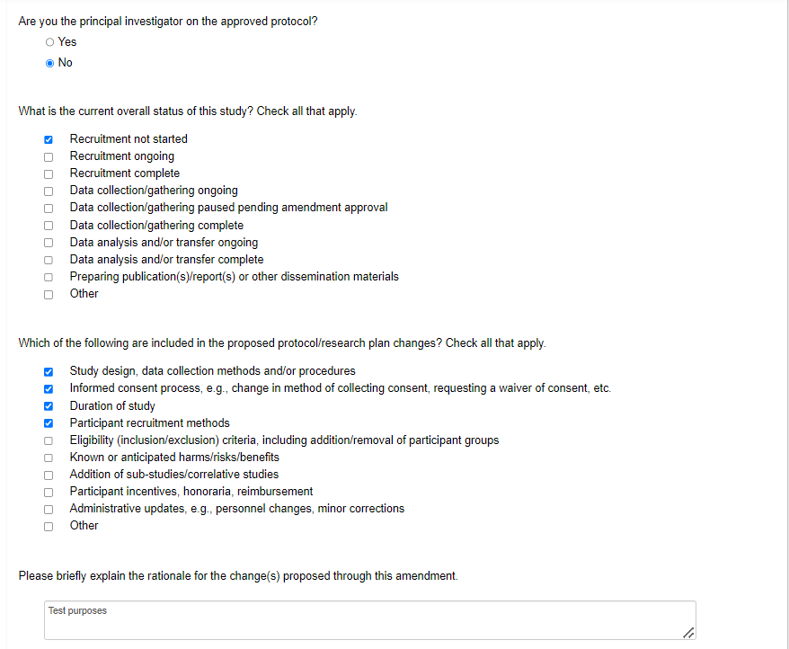 Screen shot of the bottom part of the Legacy Amendment Request the status and scope of amendment questions ticked.