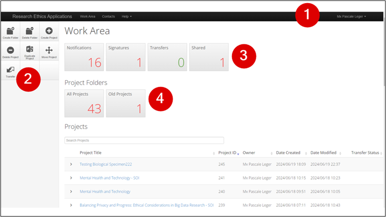 This is a screen shot of the EthOS Dashboard. The first area is a the navigation menu bar found at the top. The second area is allocated on the left, named the Action Pane. It has various buttons that allow for quick access. The third area is the Work Area. This has Notifications, Signatures, Transfers and Shared. The fourth area is named the Project Area where Project Folders are accessed.