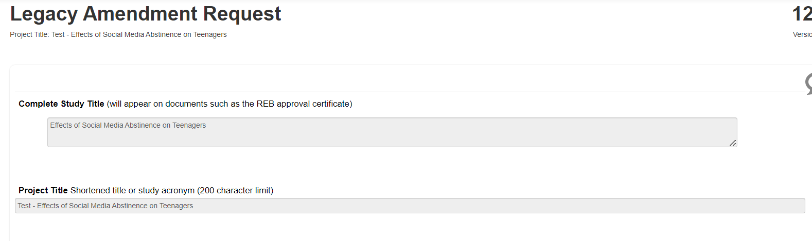 Screen shot of the top part of a Legacy Amendment Request form listing the study title and project title.