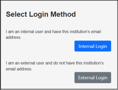 Two login methods are featured; university login and external login.