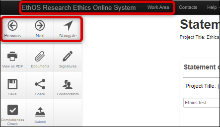 This indicates the navigation buttons on how to navigate through screens. A box highlights three buttons, Previous, Next and Navigate.