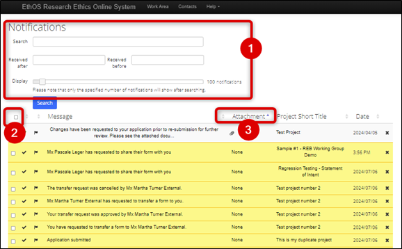 This screenshots shows the Notifications Pane. The first step highlights the ability to search notifications. The second step highlights the ability to check or uncheck all notifications. The third box highlights to toggle Attachments.