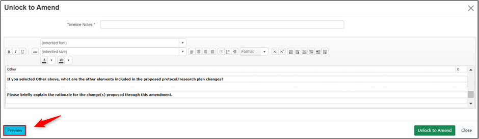 Screen shot of the bottom section of the Unlock to Amend form with the Preview button highlighted.