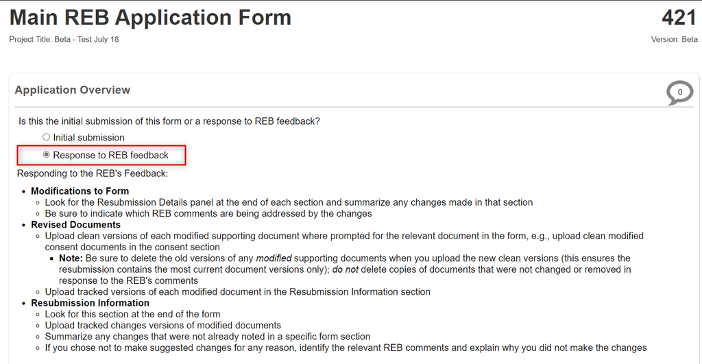 Screen shot of the Main REB Application Form with the response to REB Feedback option selected and highlighted.