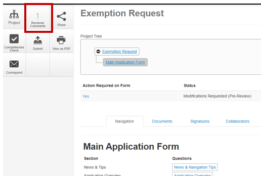 Screen shot of the Reviewer Comments button in the actions pane highlighted with the number of comments showing one.