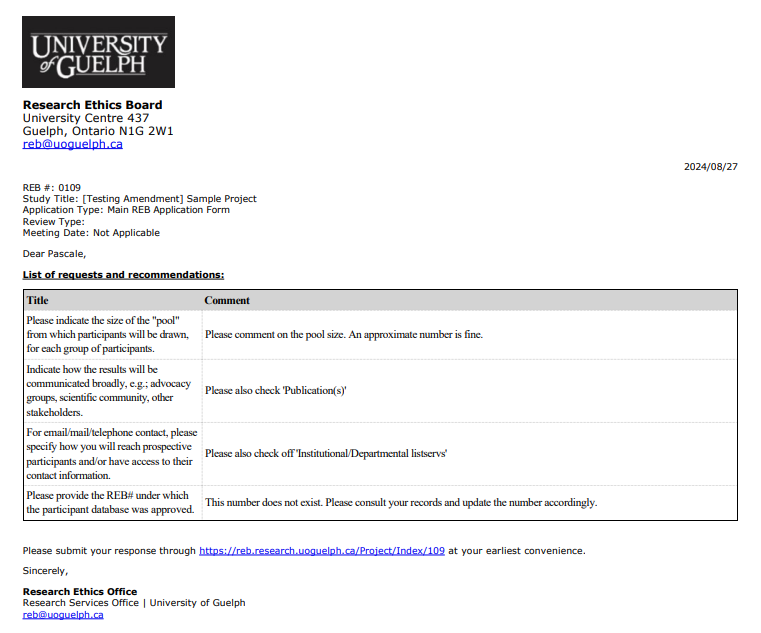 Screen shot of a sample Feedback Letter with a table that shows the EthOS area and the comments from the REB.