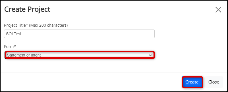 EthOS Create Project Window with statement of Intent form selected