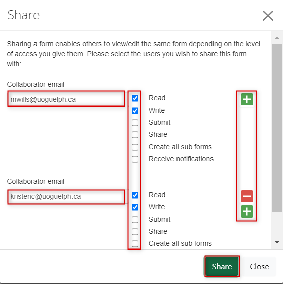 Screen shot of the Share window with email and permissions fields highlighted, as well as the plus and minus and share buttons.