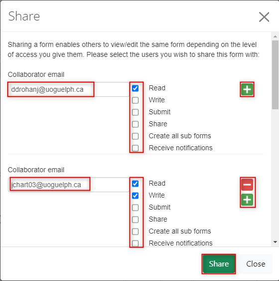 Screen shot of a Share window with collaborator emails and permissions; the plus, minus, and Share buttons are highlighted.