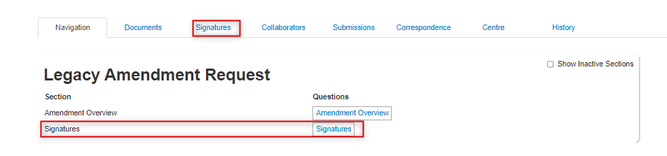 Screen shot of the main page of the legacy amendment request showing the Signatures section highlighted.