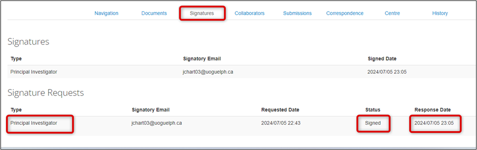 The Signature tab is highlighted. Then below Signature Requests, the type, Principial Investigator is highlighted. On the right, it highlights Status and Response Date.