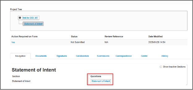 screenshot highlighting location of Statement of Intent Question Link