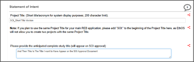 screenshot showing project title and complete study title text boxes