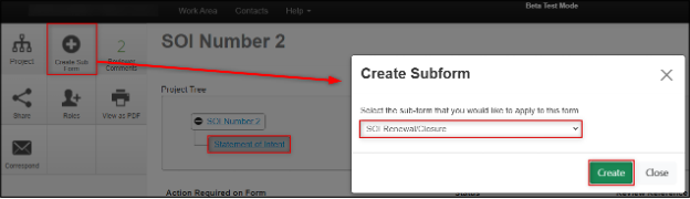 screenshot showing creation of SOI renewal/closure subform