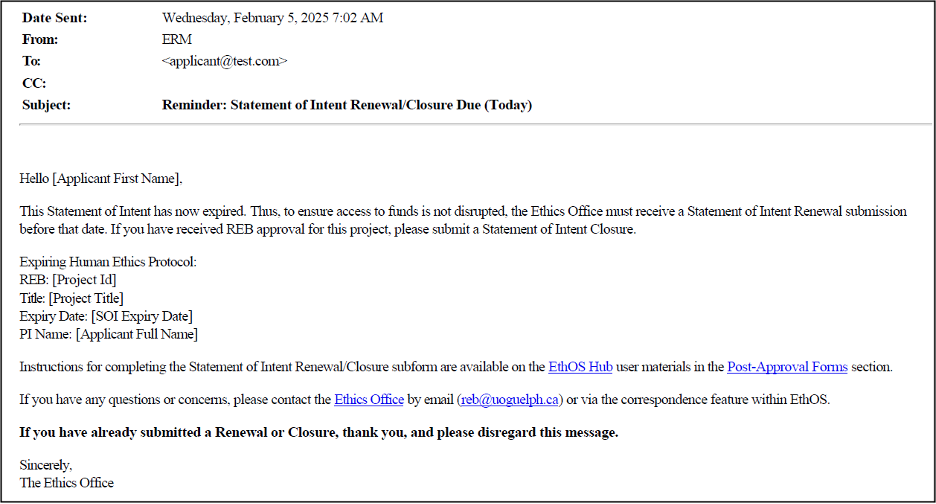 sample SOI renewal/closure reminder