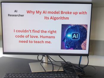A computer screen that says, AI Researcher, as well, why my AI model broke up with its algorithm, and I couldn't find the right code of low, humans need to teach me. 