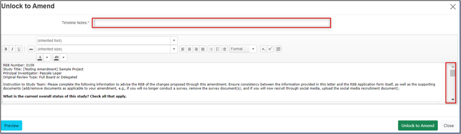 Screen shot of the first page of the Unlock to Amend form with the Timeline Notes field an scroll bar highlighted.