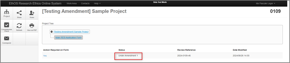 Screen shot of an EthOS application with its Under Amendment status highlighted.